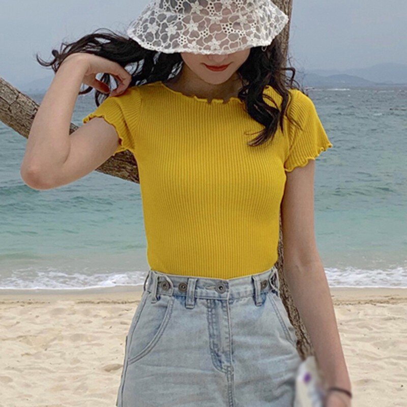 DAXIN Kaus Oblong Ruffles Wanita Atasan Kaus Rajutan Lengan Pendek Solid Leher-o Fashion Kaus Pullover Ramping Anak Perempuan