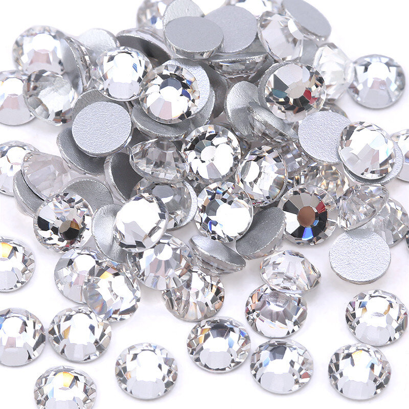 SS3-SS40 de alta calidad para decoración de uñas, cristal transparente blanco 3D, diamantes de imitación plateados con reverso plano, gemas brillantes