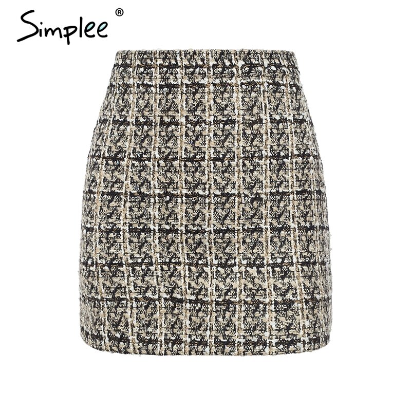 Simplee Double-Breasted tweed plaid women skirt Straight elegant office ladies short mini skirt Vintage autumn female skirt