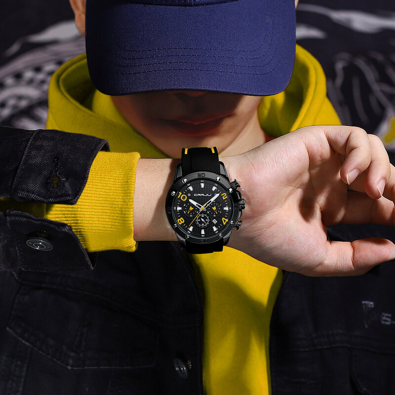 CRRJU Men's Watch Chronograph Outdoor Sports Waterproof Watches Luminous Display Quartz Rubber Clock Relogio Masculino