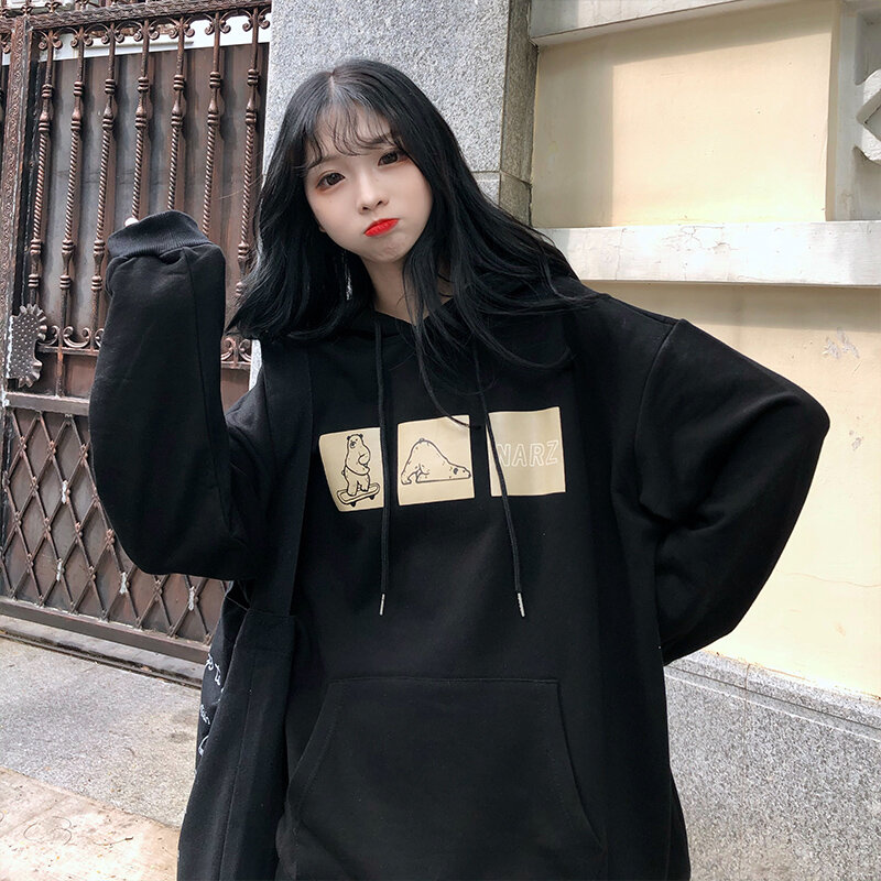 Mit Hut Hoodies Frauen Print Harajuku Herbst Grund Adrette Teens Koreanischen Hoodie Alle-spiel Stilvolle Weichen Femme Pullover Sweatshirt