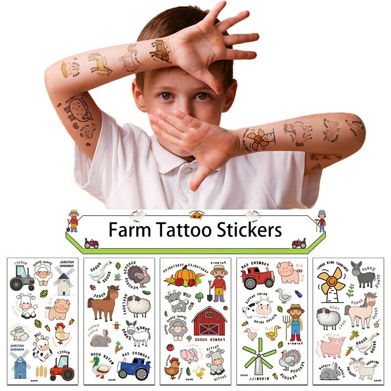 10 Pçs/lote Fazenda Crianças Animal Dos Desenhos Animados de Transferência de Tatuagem Temporária Adesivos À Prova D' Água Kit de Tatuagem Body Art Braço Mão Rosto Presente Do Miúdo