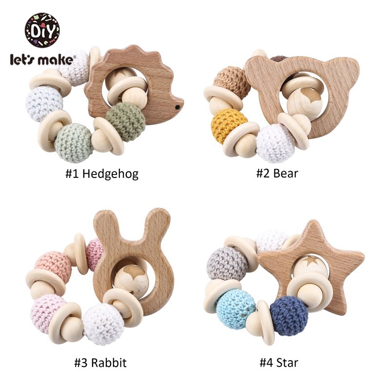 Let's Make Baby Rattle Bracelet Wooden Toys Crochet Beads Baby Teether Christmas Gift Hedgehog Elk  Wood Crafts Ring Engraved