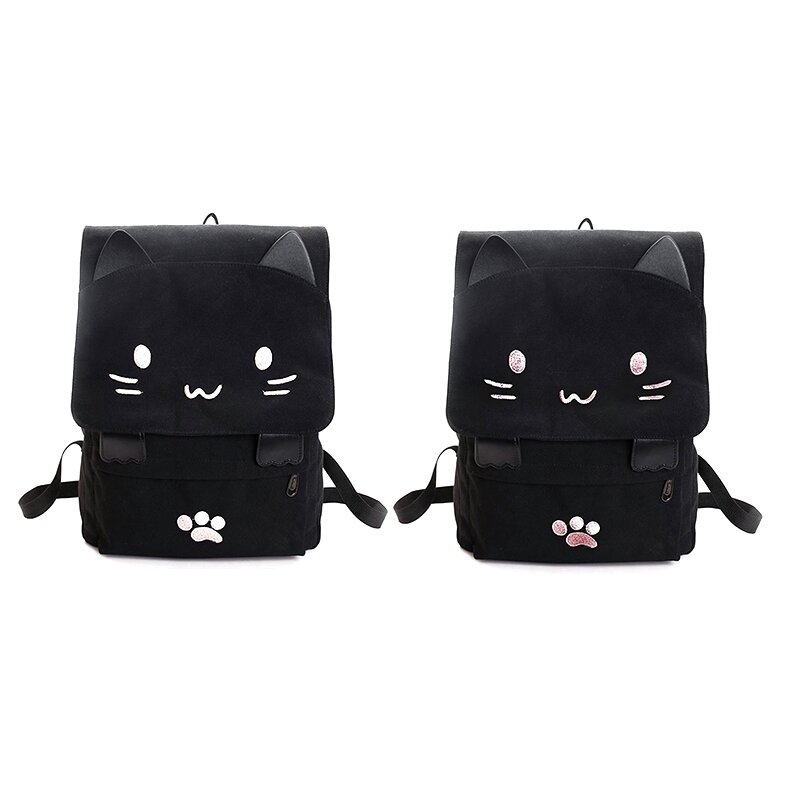 2 PCS แฟชั่นน่ารักแมวเย็บปักถักร้อยผ้าใบนักเรียนการ์ตูนผู้หญิงกระเป๋าเป้สะพายหลังกระเป๋า,สีดำ + สีขาวและสีดำ + สีชมพู