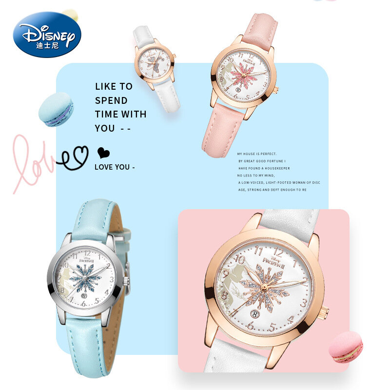 Оригинальные наручные часы Disney, кварцевые украшенные мультяшными героями мультфильмов, Эльза, принцесса, Минни Маус, снежный циферблат, календарь, повседневные, подарок