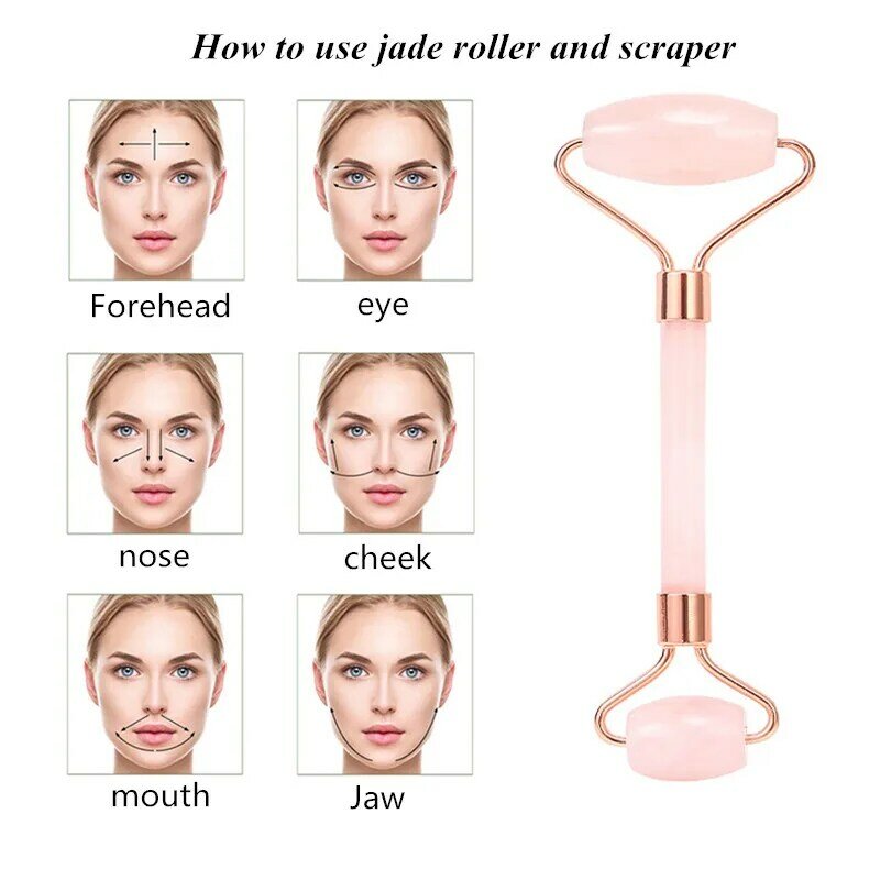 Rose Quartz Roller Face-lifting Massager Natural Jade Facial Massager Roller Slimming Jade Scraping Mask Brush Three-piece Set