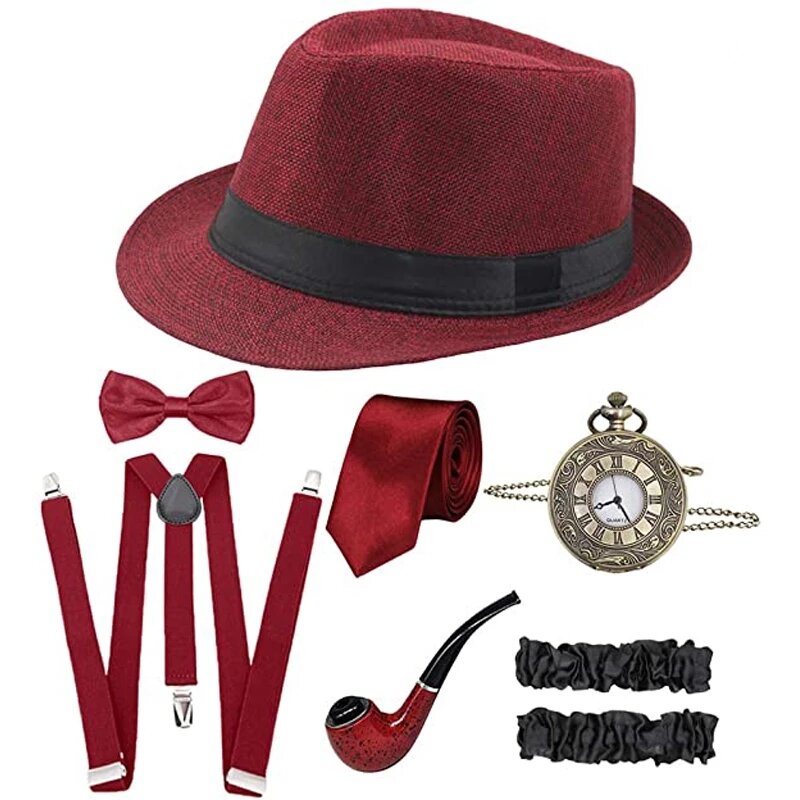 Grande Gatsby Halloween Cosplay masculino, conjunto de acessórios gangster, Fedora, chapéu de jornaleiro, suspensórios, braçadeiras, gravata borboleta amarrada, década de 1920