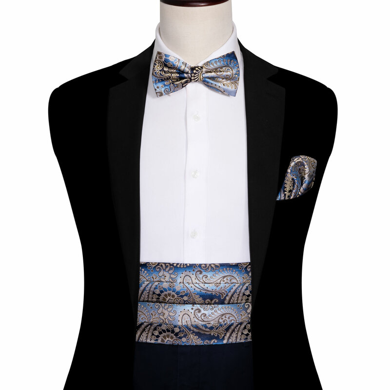 Masculino cummerbund azul seda bowtie lenço abotoaduras conjunto casamento arcos cintura ajustável para homem smoking barry. wang YF-1015