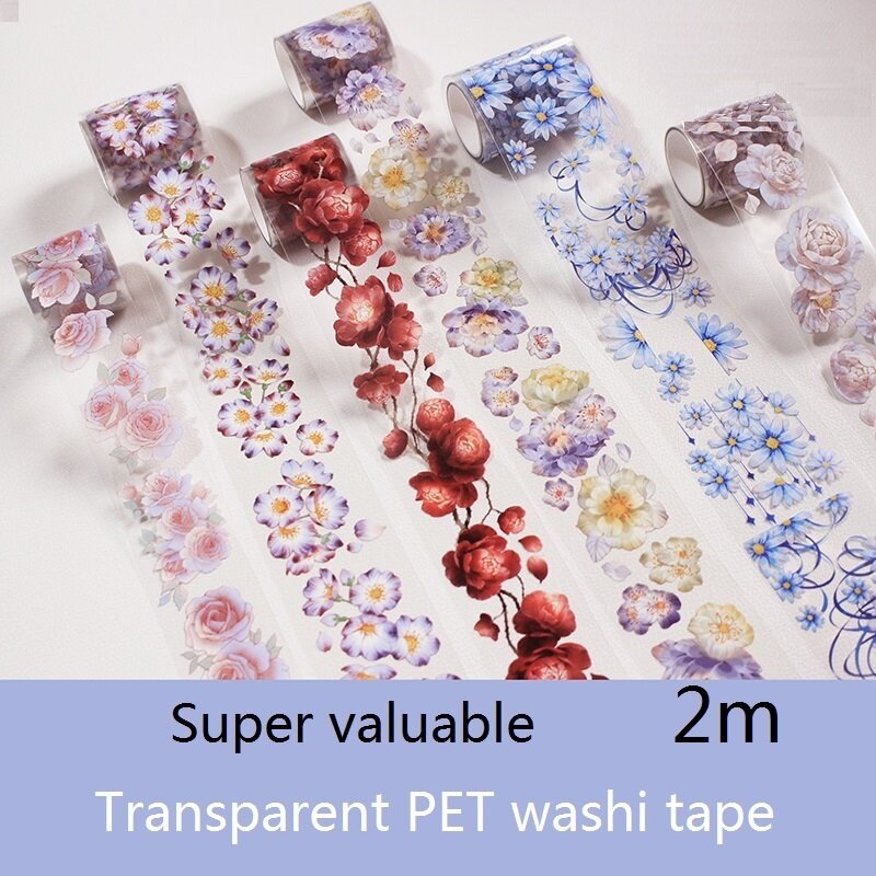 Seri Bunga Washi PET Tape Mawar/Common Peony/Camellia Washi Tape dengan Rilis Kertas untuk Jurnal Scrapbooking Dekorasi