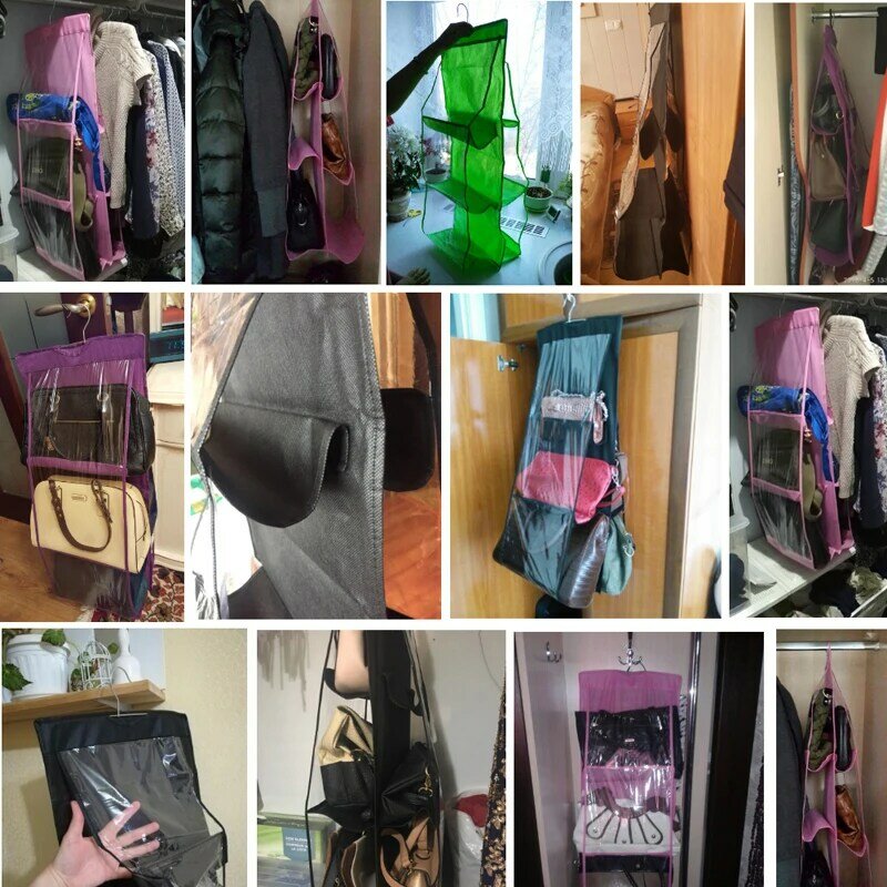 6 Pocket Hanging Bag Organizer Wardrobe Transparent Storage Bag for Handbag Closet Shoes Organizer Door Wall Clear Sundry Pouch