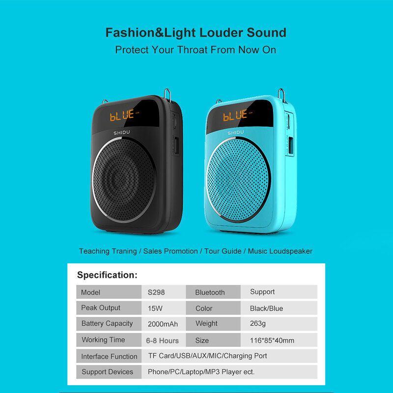 SHIDU Speaker Bluetooth portabel, 15W Amplifier suara berkabel mikrofon Radio FM AUX rekaman Audio untuk instruktur guru S278