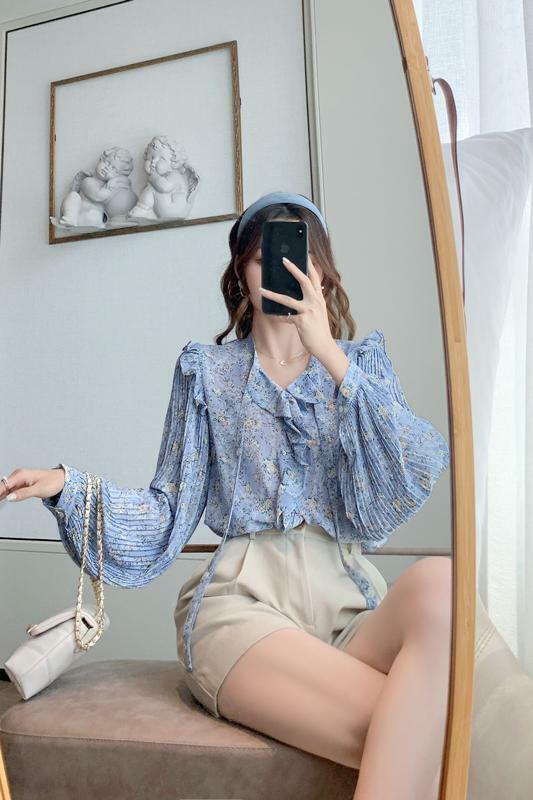 Wanita Blus Floral Dicetak Kemeja Perempuan Mengacak-acak Renda Busur Lentera Lengan Chiffon Shirt 2020 Musim Gugur Manis Biru Atasan Lengan Panjang