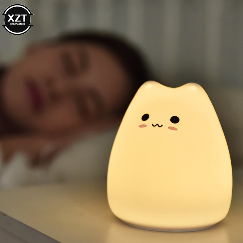 Cat Silicone Touch Sensor LED Night Lamp, Luz Animal, Colorido, Dormindo, Criativo, Quarto, Desktop Decor, Presente para Criança, Férias