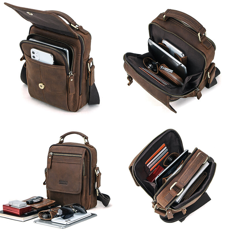 CONTACT'S Crazy Horse Leather Men Messenger Bag Vintage Man HandBags for 7.9" iPad High Quality Shoulder Bags Tote Crossbody Bag