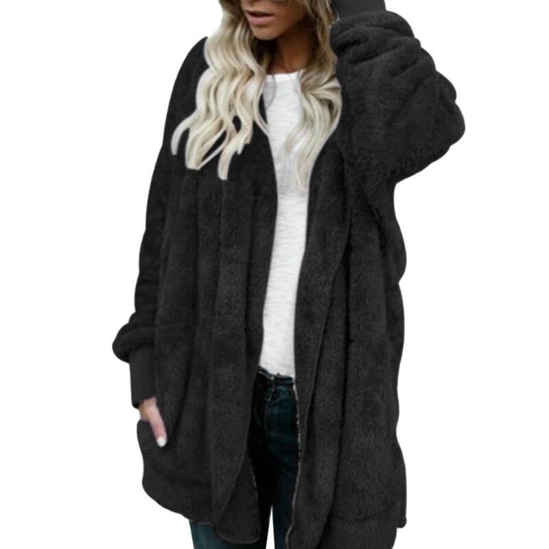 女性用の大きなサイズのコート,無地のフェイクファーフード付きコート,長袖,秋冬用の暖かいコート,80%