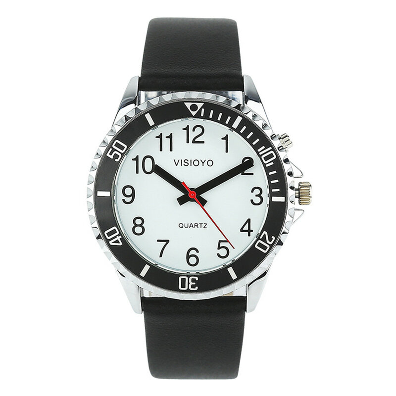 Francês falando relógio com alarme, falando data e hora, mostrador branco, faixa de couro preto TFBW-1502