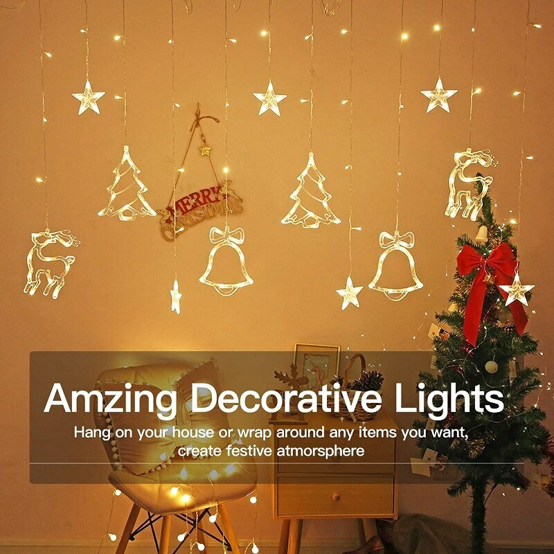 LED Deer Bells Curtain Light EU US Christmas Garland String Fairy Lights Outdoor For Home Wedding Party New Year Decor