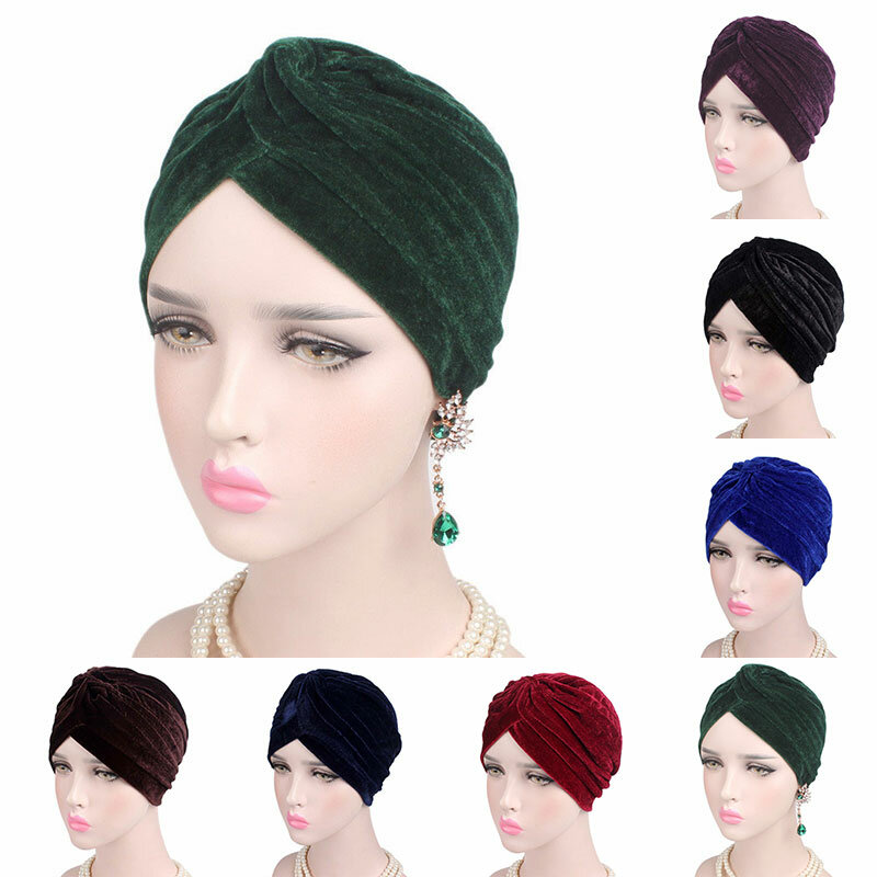 Topi Muslim Fashion Baru Topi Sorban Penutup Kepala Sorban Velvet Melar Ganda Kasual Warna Solid Penutup Kepala Hijab Velvet Emas Wanita