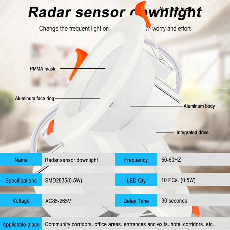 5W/7W/9W LED เรดาร์ตรวจจับเพดานโคมไฟดาวน์ไลท์โคมไฟสำหรับบันไดห้องน้ำระเบียง AC220V ด้วยเครื่องตรวจจับเรดาร์อัจฉริยะแสง