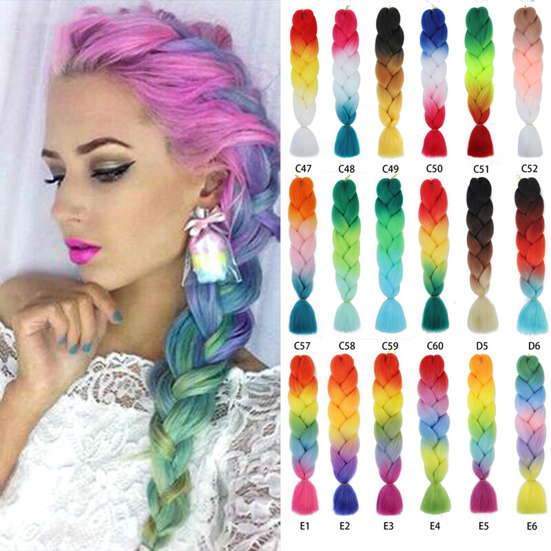 Trenzas Jumbo sintéticas de colores para mujeres blancas, extensiones de cabello trenzado ombré de 24 pulgadas, 100g, colores del Arcoíris, gris y verde