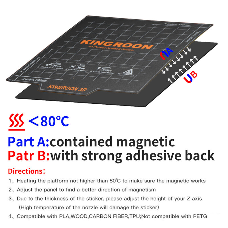 KINWords-Lit chauffant magnétique flexible pour imprimante 3D, plaque de construction magnétique souple A + B, KP3S, KP5L, Ender 3, 180x180mm, 235x235mm