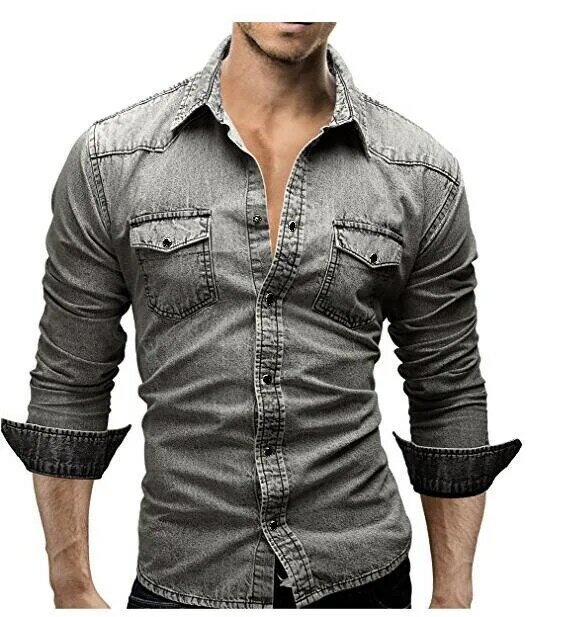 Camisa jeans masculina botão casual, camisa jeans lavável de manga comprida da moda para homens, blusa casual de outono 2020