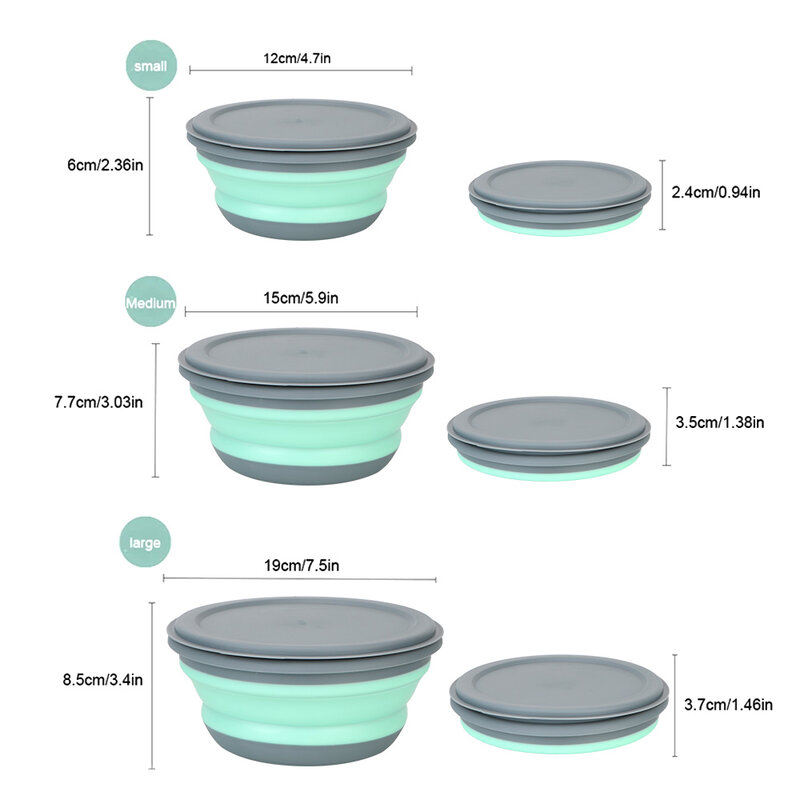 3 Buah/Set Kotak Makan Siang Lipat Silikon dengan Tutup Portabel Piknik Berkemah Mangkuk Set Peralatan Makan Dapur Lipat Buah Salad Mangkuk