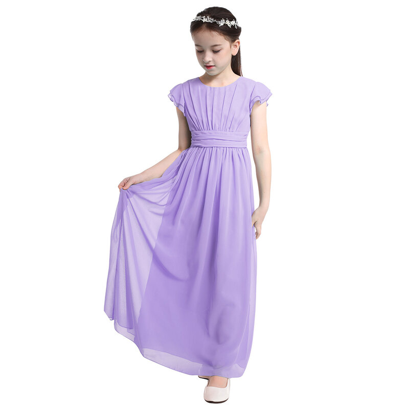 Gaun Pengiring Pengantin Junior Gaun Panjang Chiffon Berlipat untuk Anak Perempuan Gaun Pesta Pernikahan Vestidos Kontes Anak-anak Gaun Anak-anak Putri