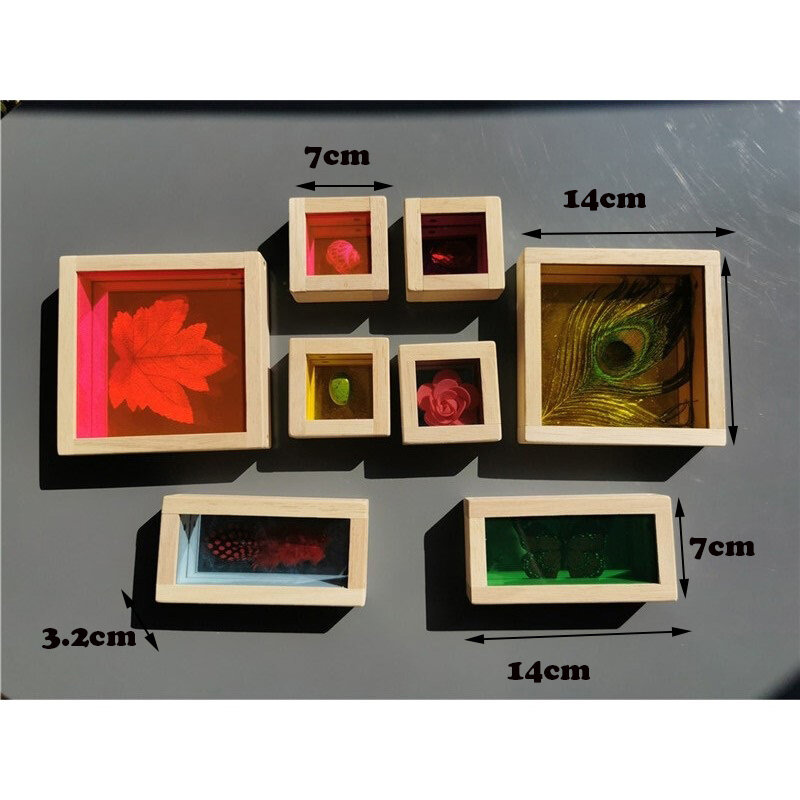 Giocattolo per bambini Montessori blocchi di specchio arcobaleno sensoriale in legno impilabile in acrilico con gemme foglia di piume fiore di farfalla di grandi dimensioni