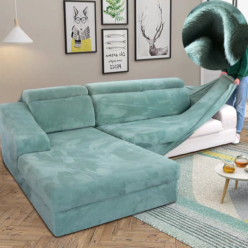 หนาPlushโซฟาสำหรับห้องนั่งเล่นโซฟาผ้าเช็ดตัวลื่นอุ่นที่นอนยืดโซฟาสำหรับฤดูหนาว