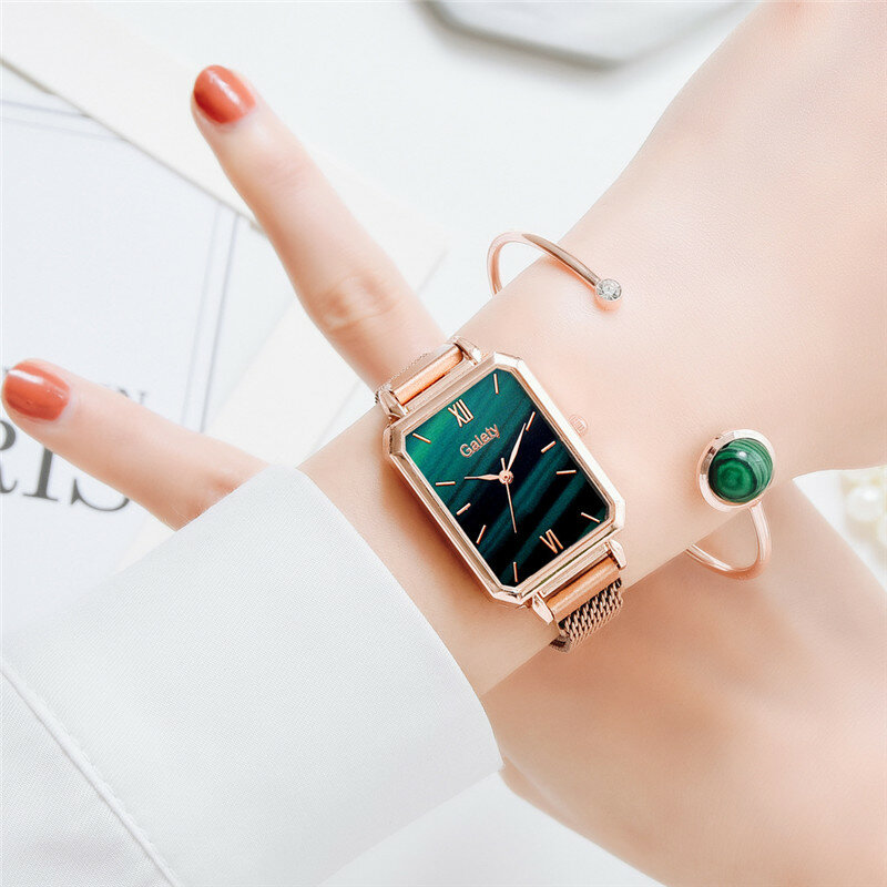 Vrouwen Vierkante Quartz Horloge Dames Horloge Gift Vrouwelijke Luxe Green Dial Armband Horloges Mode Eenvoudige Rvs Klok