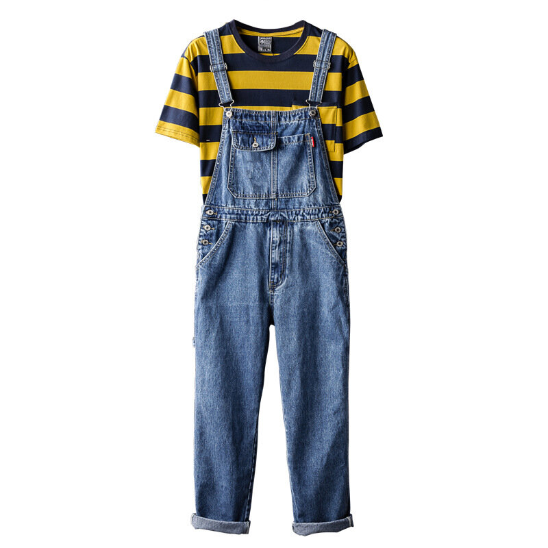 Calça jeans masculina macacão jardineira masculina, macacão de macacão solto com alça grande, calças retas para homens, roupa de rua azul com suspensórios