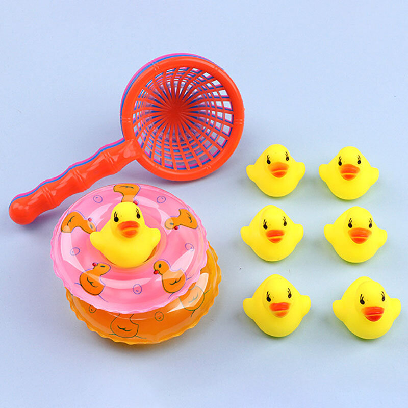 Brinquedos de banho flutuantes para crianças, mini anéis de natação, patos amarelos, rede de pesca, brinquedos para crianças, diversão aquática, 5 peças por conjunto