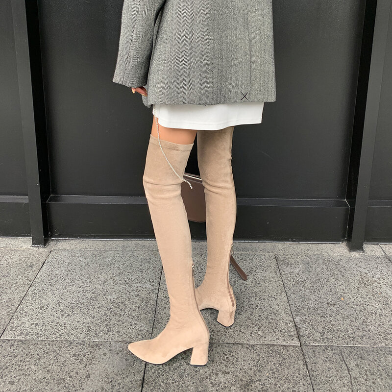 Sexy Slim Fit elastico floccato sopra gli stivali al ginocchio scarpe da donna 2024 autunno inverno signore tacco alto overknee lungo coscia alta botas