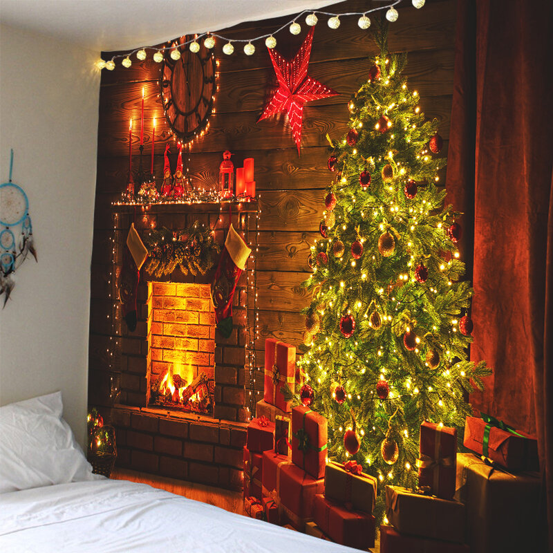 Tapiz de fondo de Navidad, decoración de chimenea y árbol de Navidad, tela colgante suave con impresión respetuosa con el medio ambiente