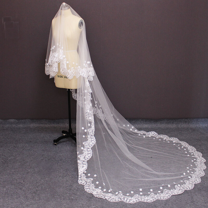 Real Photos Pearls Flower Lace Wedding Veil Beautiful Soft Tulle Cathedral Bridal Veil WITHOUT Comb Wedding Accessories