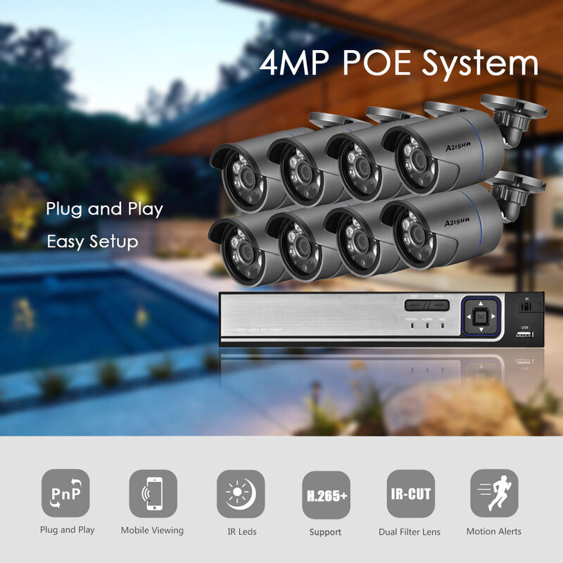 AZISHN 8CH 4MP POE NVR CCTV Sistem Keamanan Deteksi Wajah HD Kamera IP Perekam Audio Luar Ruangan P2P Sistem Kit Pengawasan Rumah