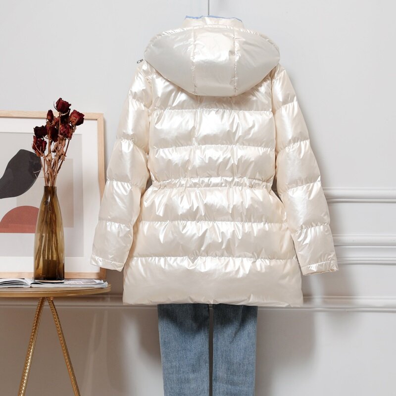 Pato de cintura de comprimento médio feminino Puffer Co, jaqueta coreana fina, casaco feminino, branco, brilhante, solto, inverno, novo, 2023