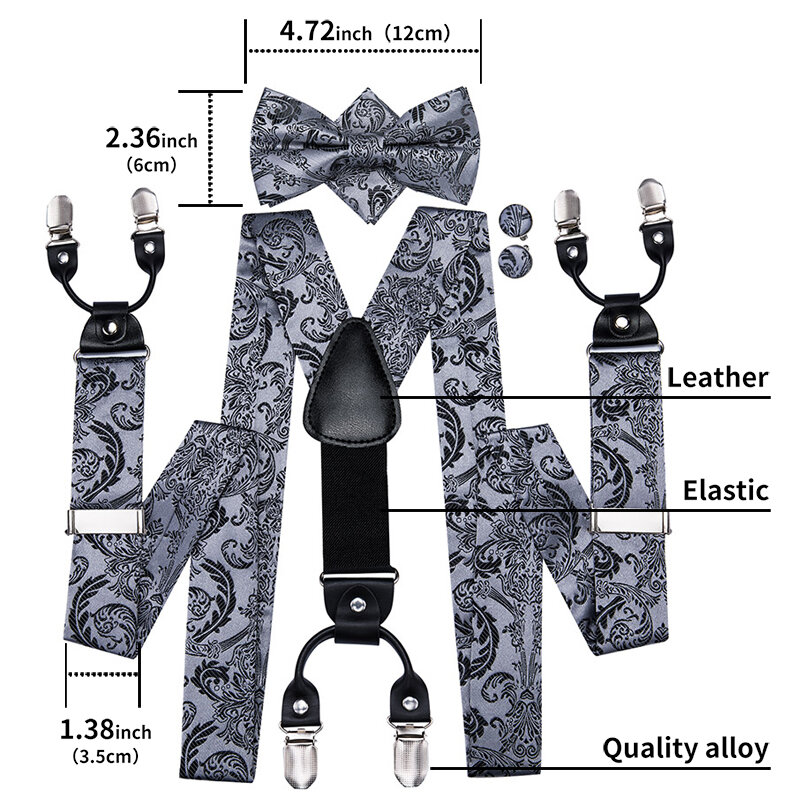 Conjunto de gravata borboleta e suspensão alta masculino, 100% seda, luxo, marrom, preto, vintage, paisley, floral, 6 clipes, 45 cores