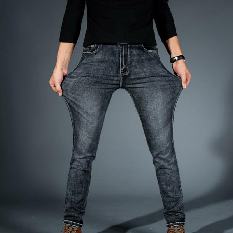 Spodnie Stretch długie dżinsy Mid Rise jeansy męskie moda męska dopasowane jeansy rurki Plus Size europejska spodnie dżinsowe męska