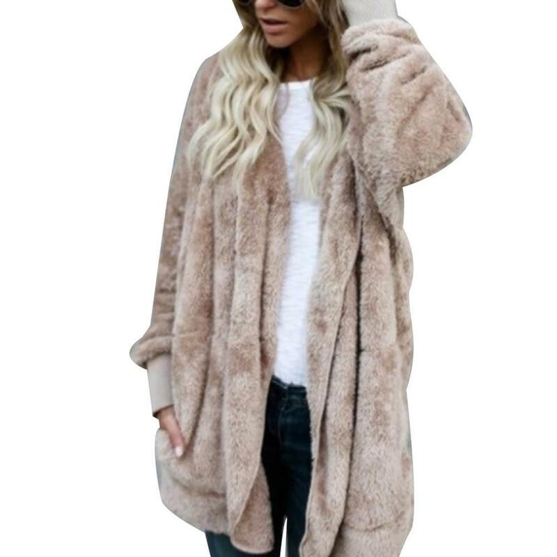 Penjualan Laris 80%!!! Mantel Kardigan Wanita Musim Dingin Mantel Bertudung Bulu Palsu Solid Ukuran Plus Mantel Hangat Musim Gugur Musim Dingin Lengan Panjang