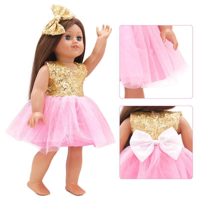 ゴールドカラースパンコール弓人形スカートとヘアピンフィット43センチメートルnew赤ちゃん人形ピンクのためのガーゼのドレスの服セット18インチとdiy人形