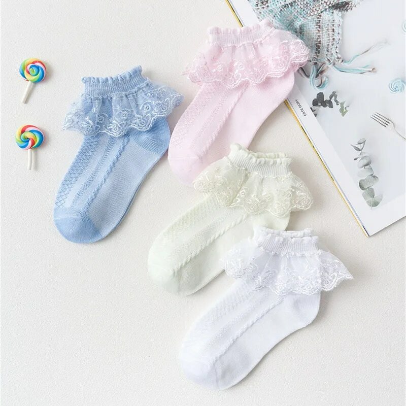 10 pasang/lot kaus kaki anak perempuan bayi kaus kaki anak-anak renda Ruffle putri Mesh pendek bersirkulasi kaus kaki katun putih merah muda biru balita