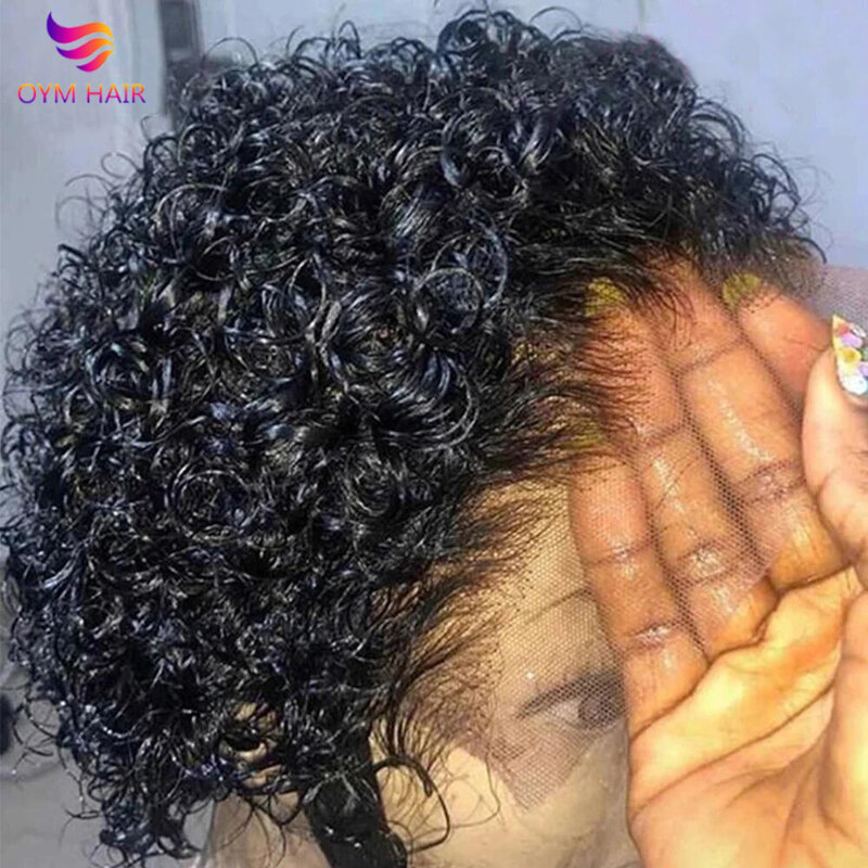 OYM-Peluca de cabello humano rizado para mujeres negras, postizo de encaje frontal corto, corte Pixie, ONDA DE AGUA brasileña, 13x1, transparente