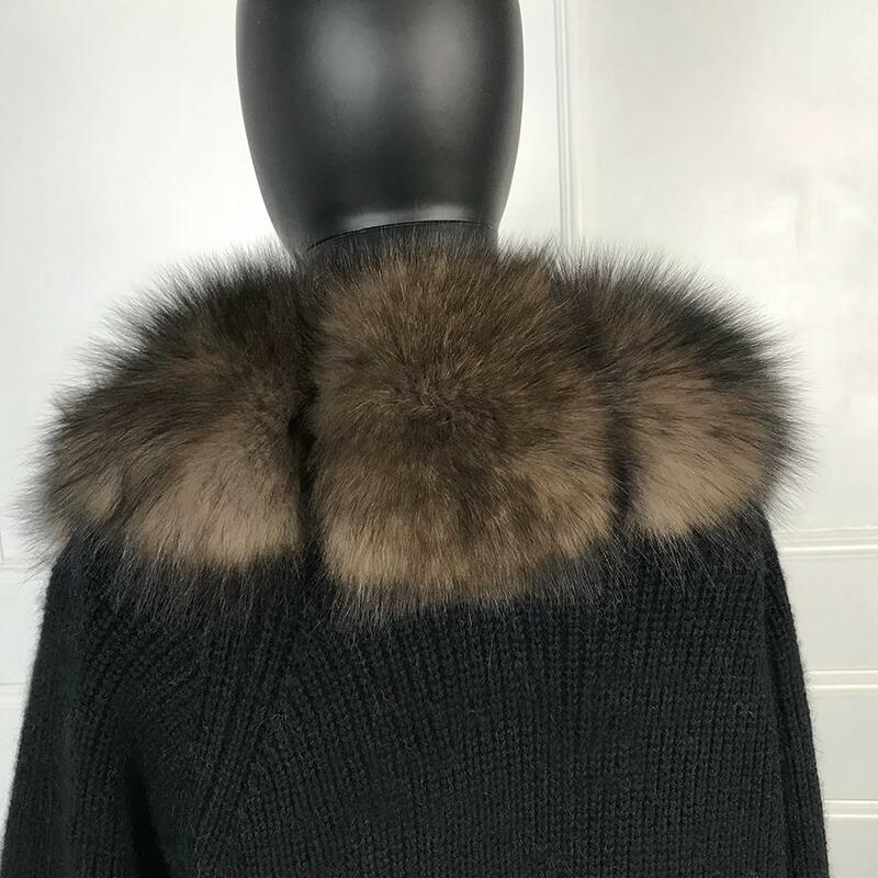 Mantel Fashion Wanita Lengan Penuh Ponco Sweter Kardigan Kasmir dengan Potongan Kerah Bulu Rubah Alami