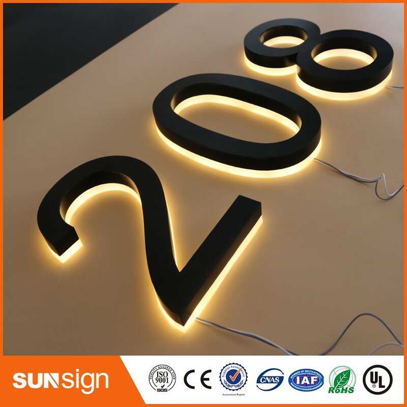 H 15cm backlit door number signs stainless steel black painted acrylic back warm white lights backlit letters House Numbers