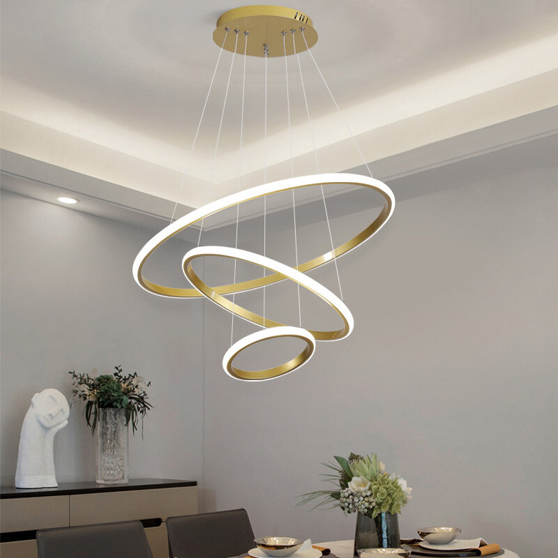 قلادة LED الحديثة أضواء لغرفة الطعام المعيشة أبيض/الذهب/القهوة/أسود دائرة خواتم بريق تجهيزات الإضاءة إضاءة داخلية المنزل