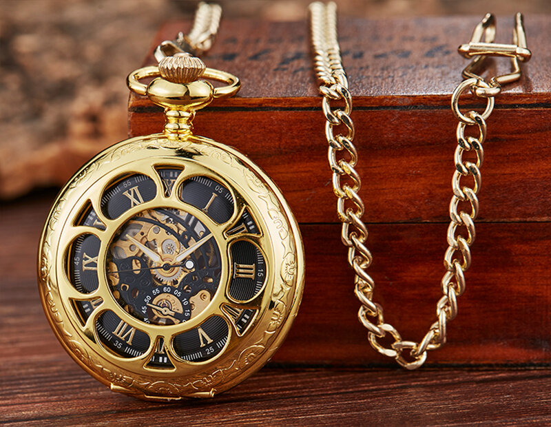 Jam tangan mekanis perunggu, arloji saku angin tangan mekanis, jam tangan Dial kerangka angka Romawi dengan kotak hadiah rantai Fob