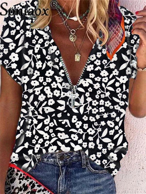 Женская свободная футболка на молнии, Повседневная футболка с коротким рукавом и цветочным принтом, с V-образным вырезом, большие размеры, лето 2021