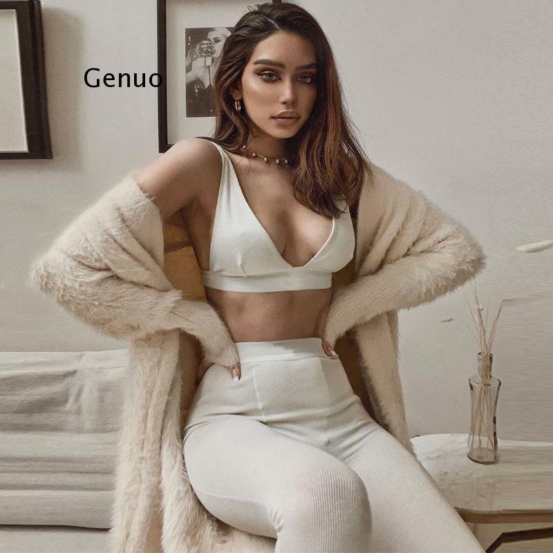 Fitness Sporty Women Tracksuit Sleeveless V-Enck Tank Stretchy Leggings Ribbed Bra Two Piece Set Solid Streetwear Outfits